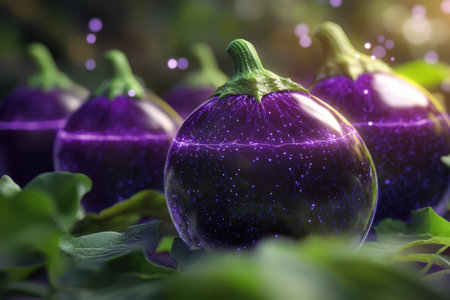 Glowing eggplants are featured in a vibrant garden, reflecting light as the sun sets, creating a magical atmosphere.の写真素材
