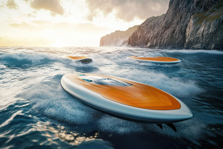 Three sleek racing boats navigate choppy waters near rugged cliffs as the sun sets on the horizon.の写真素材