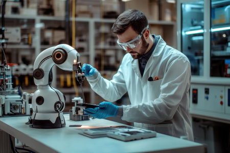 A scientist in a lab coat uses a robotic arm to manipulate small components, focusing intently on the task.の写真素材