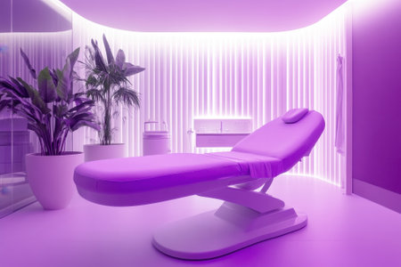 A contemporary treatment space features a purple adjustable bed, plants, and sleek lighting for wellness treatments.の写真素材