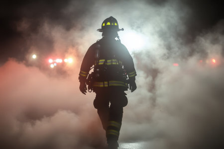 A firefighter moves confidently through thick smoke while responding to an emergency at night.の写真素材
