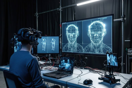 A person operates multiple screens displaying character models and animations in a technology studio.の写真素材