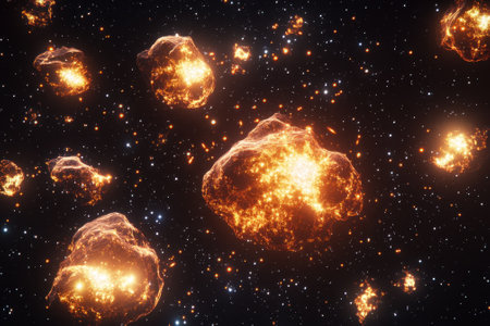 Bright asteroids illuminated by fiery surfaces drift through the dark expanse of space in a stunning cosmic setting.の写真素材