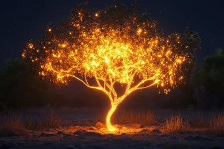 A vibrant tree stands bright against the dark sky, glowing with warm light in a tranquil natural setting.の写真素材