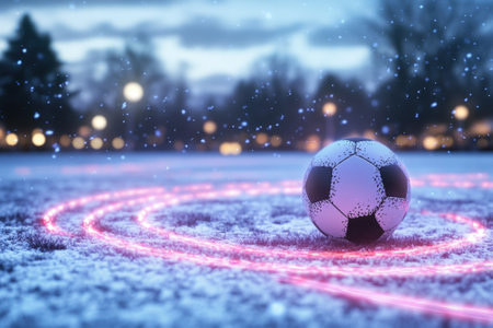 A soccer ball rests on a snow-covered field at twilight, surrounded by soft glowing lights and snowfall.の写真素材
