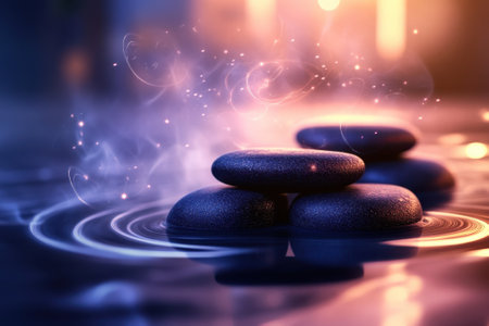 Smooth black stones are carefully stacked on calm water, surrounded by gentle ripples and a mystical glow.の写真素材