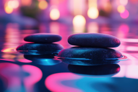Smooth black stones rest gently in calm water, surrounded by colorful lights reflecting in the evening.の写真素材