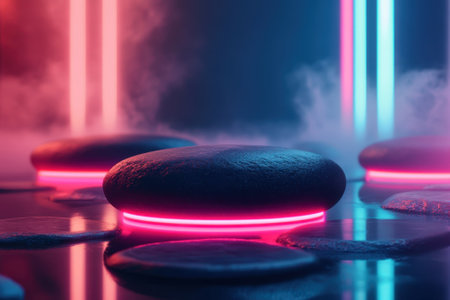 Glow of neon lights surrounds smooth stones on a wet surface, creating a surreal atmosphere in the fog.の写真素材