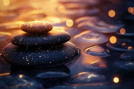 Three smooth stones are carefully stacked on a serene surface with warm reflections and gentle ripples at sunset.の写真素材