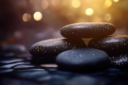 A stack of smooth black stones glistens under warm light, creating a tranquil setting by the water.の写真素材