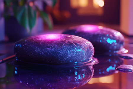 Glowing stones illuminate a tranquil water feature, creating a calming atmosphere in a stylish room.の写真素材