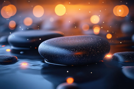 Smooth black stones rest peacefully on a reflective water surface, illuminated by warm lights at dusk.の写真素材