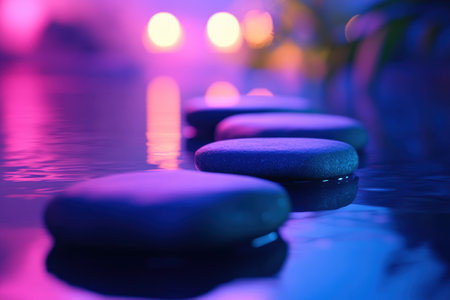 Smooth stones arranged in a calm body of water, illuminated by gentle, colorful lights, create a peaceful atmosphere.の写真素材