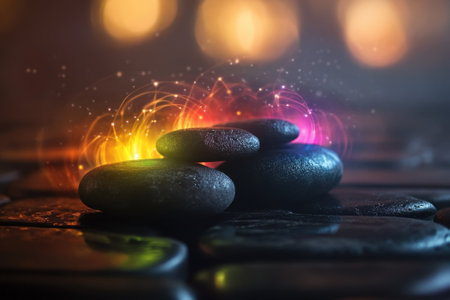 Smooth stones are stacked thoughtfully, surrounded by vibrant glowing particles against a blurred background.の写真素材