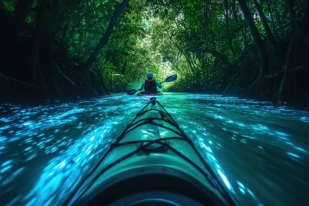 A kayaker paddles through glowing water in a vibrant forest during twilight, surrounded by greenery.の写真素材