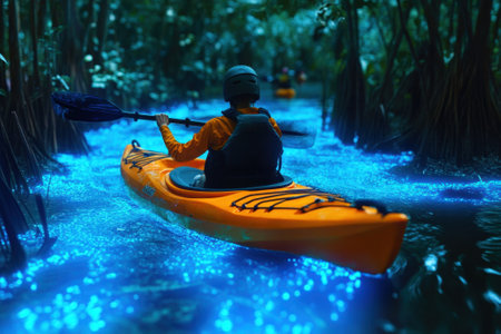 A person paddles a kayak through bioluminescent waters surrounded by lush mangrove trees under a night sky.の写真素材