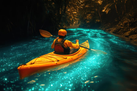 A kayaker paddles through shimmering blue waters surrounded by lush tropical vegetation during dusk.の写真素材
