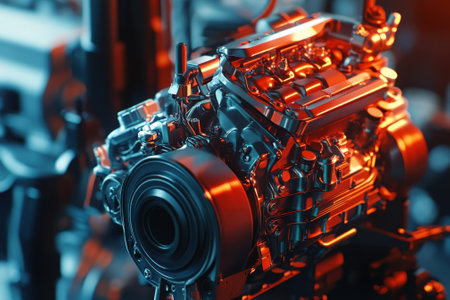 A close-up of a meticulously crafted automotive engine showing intricate metal parts and vibrant illumination.の写真素材