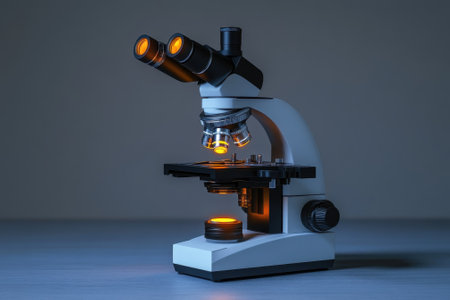 A high-quality microscope is positioned on a lab surface, illuminated softly, emphasizing its features.の写真素材