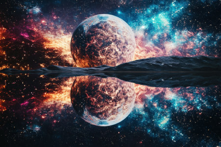 A vibrant planet reflects in calm waters beneath swirling galaxies in a stunning cosmic scene.の写真素材