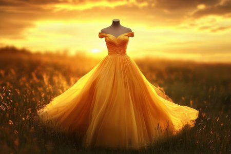 A beautiful yellow dress on a mannequin glimmers in the warm glow of a sunset over a grassy field.の写真素材