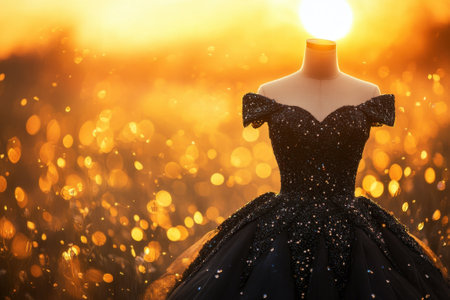 A beautiful black gown with sparkling details stands in a sunlit field at sunset, creating a magical atmosphere.の写真素材