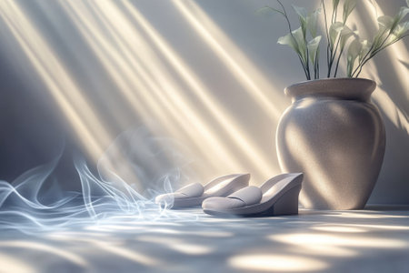 A pair of elegant shoes rests next to a vase filled with flowers, bathed in gentle sunlight.の写真素材