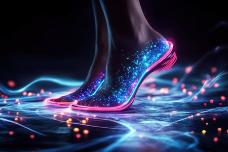 Glowing footwear illuminates the floor with colorful lights and sparkling effects in a dark, dynamic environment.の写真素材
