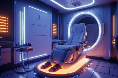 A high-tech relaxation chair glows with neon lights in a contemporary wellness room, creating a calming atmosphere.の写真素材