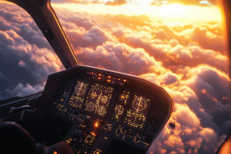 Pilot controls the aircraft while flying above colorful clouds at sunset, showing gauges and instruments.の写真素材