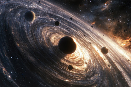 Swirling galaxy captures various planets orbiting around a central black hole in deep space.の写真素材