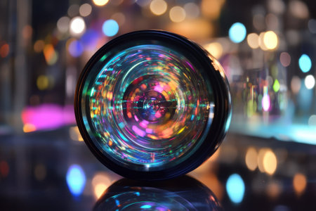 Bright, colorful lights reflect off a camera lens, creating artistic patterns in a nighttime environment.の写真素材