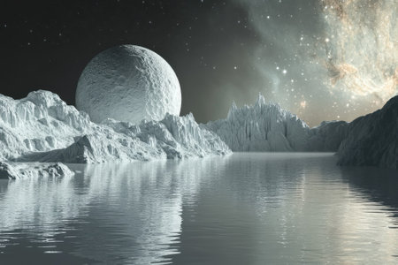 A surreal landscape showcases icy mountains and calm water reflecting a massive moon in the sky.の写真素材