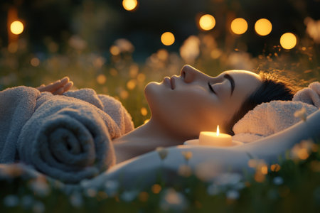 A woman enjoys a peaceful moment lying on soft grass surrounded by candles and flowers during twilight.の写真素材