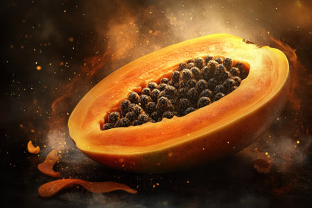 Half a ripe papaya showcases a vibrant orange exterior and a cluster of dark seeds, illuminated by artistic lighting.の写真素材