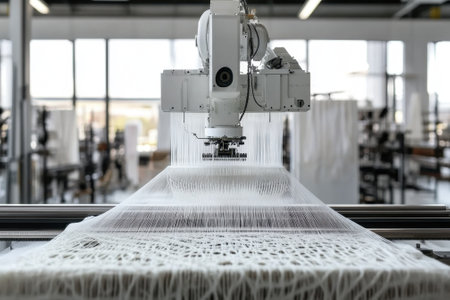 A textile machine operates efficiently, creating detailed fabric patterns in a contemporary manufacturing environment.の写真素材