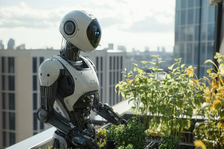 A robot is carefully tending to a lush rooftop garden, surrounded by tall buildings under a bright sky.の写真素材