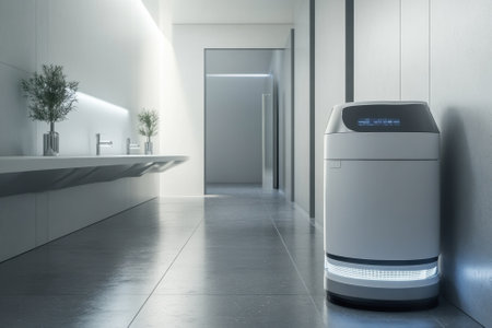 A cleaning robot operates quietly in a sleek, contemporary restroom with minimalist design elements.の写真素材