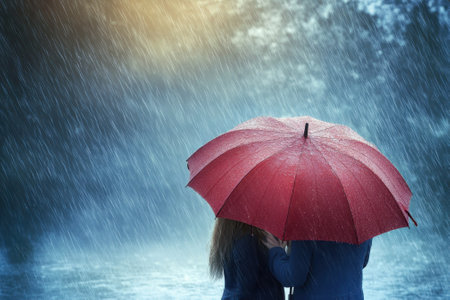 Two people stand closely together under a red umbrella, enjoying a rainy day with a sense of intimacy.の写真素材