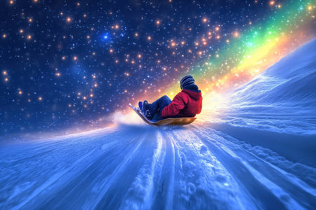 A child is joyfully sledding down a snowy slope, surrounded by sparkling stars and a vibrant rainbow aura.の写真素材