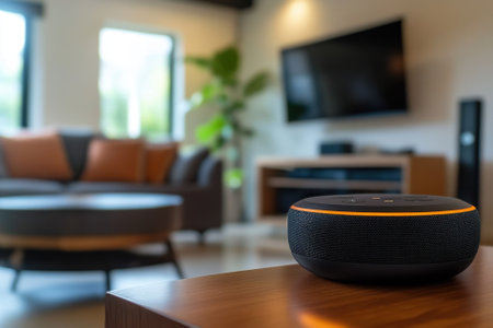 A smart speaker on a wooden table in a stylish living room with comfortable seating and warm lighting.の写真素材
