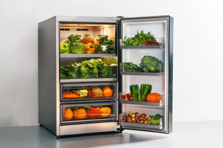A well-stocked refrigerator displays vibrant fruits and vegetables, providing a glimpse of healthy eating options.の写真素材