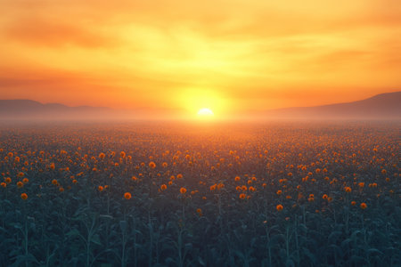 A stunning sunset illuminates a vibrant sunflower field, casting warm colors across the horizon.の写真素材