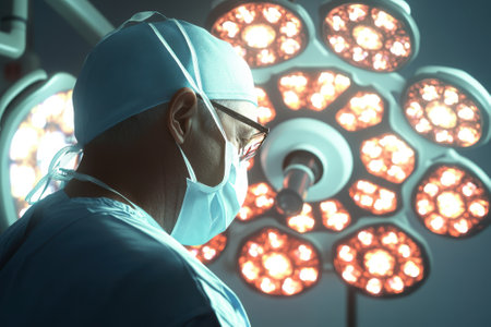 A medical professional in scrubs stands near advanced surgical lights, getting ready for an operation.の写真素材