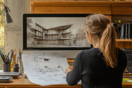 A young architect focuses on modern building design while surrounded by architectural tools at a wooden desk.の写真素材