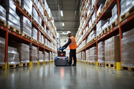 A worker in a safety vest controls a robotic cart in a busy warehouse aisle lined with boxes.の写真素材