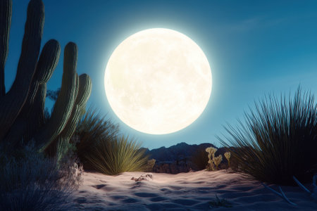 A large full moon casts a glow over a desert filled with cacti and grasses under a clear night sky.の写真素材