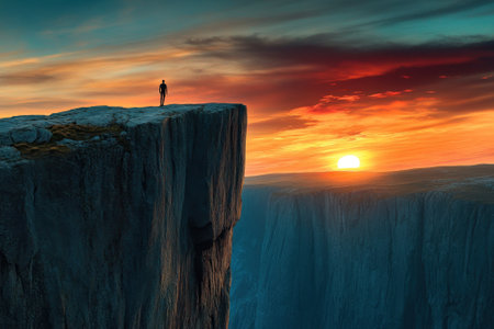 A person stands on a cliff at sunset, gazing at a vast landscape illuminated by vibrant colors.の写真素材