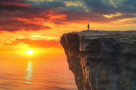 A lone individual gazes at a breathtaking sunset while perched on a rocky cliff above the ocean.の写真素材