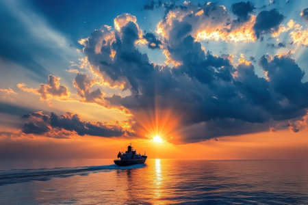 A ship navigates through tranquil waters as the sun sets, casting vibrant colors in the sky filled with clouds.の写真素材